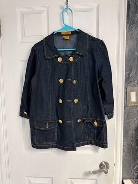 Drama Gold Dark Blue Denim Double-Breasted Jacket with Gold Buttons - Women's 1X